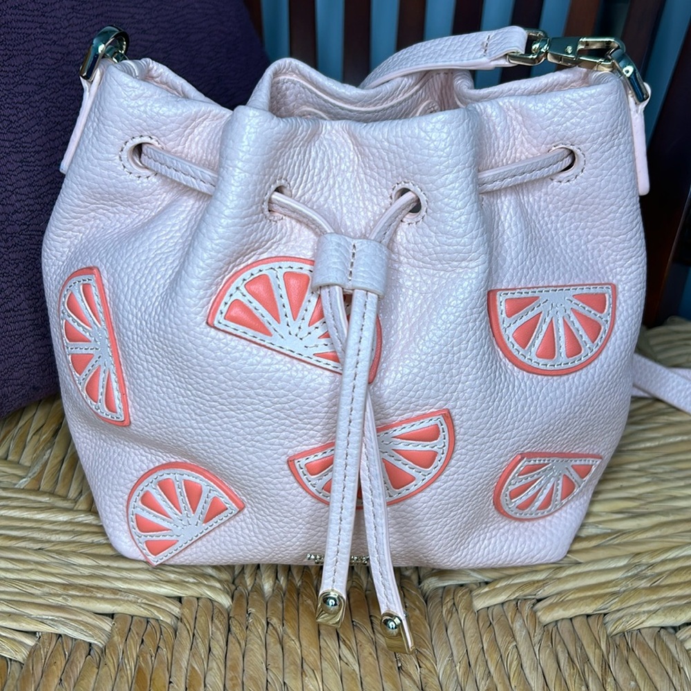 Kate Spade Flights of Fancy Grapefruit Mini Bucket Bag Urchin Pink. Leather.